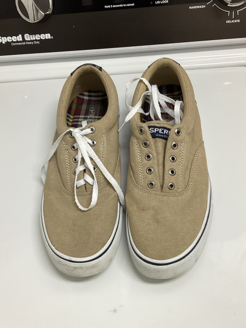 Sperry Men’s Tan Canvas Boat Shoes with White Laces